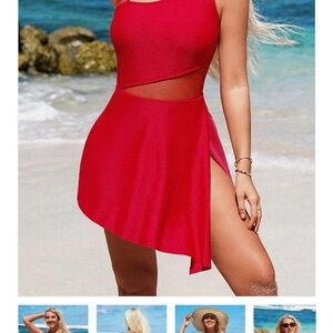 Red Asymmetrical Swimsuit Dress